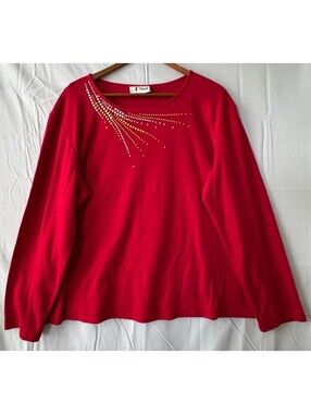 N Touch Top L Red Studded Sunburst Long Sleeve Scoop Neck Loose Stitch Flaw